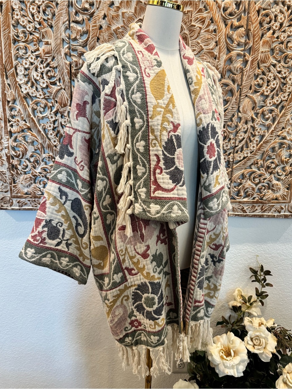 Oversized Floral Fringe Open-Front Women’s Sweater Cardigan - Picture 4 of 16